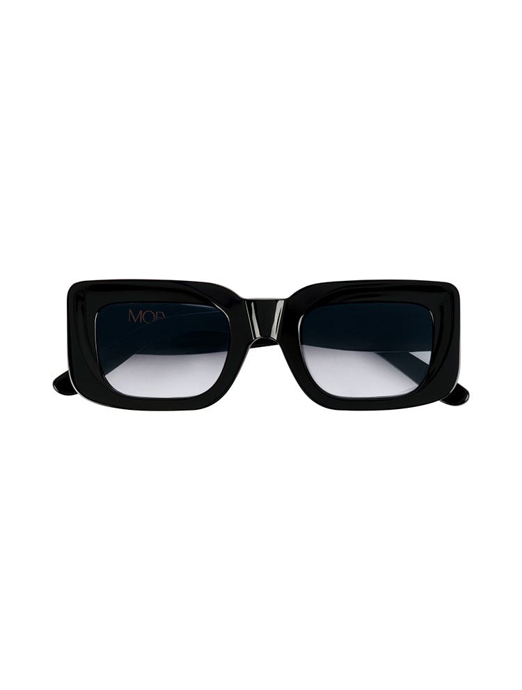 Front View of Marche Black Blue Sunglasses - Black Acetate Frame Women's Sunglassess, Black Acetate Temples With Moeva Amblem, MOEVA Luxury Swimwear    