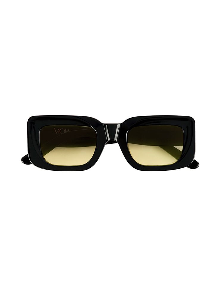 Front View of Marche Black Yellow Sunglasses - Black Acetate Frame Women's Sunglassess, Black Acetate Temples With Moeva Amblem, MOEVA Luxury Swimwear    