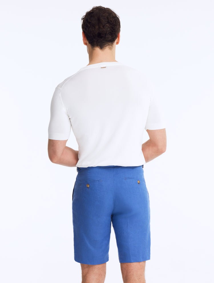 Back View: Marco Azure Shorts on Model - MOEVA Luxury Swimwear, Ready to Wear, Mid-Rise, Knee Length, %100 Linen Men Pants, MOEVA Luxury Swimwear   