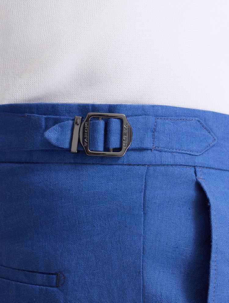 Close up View of Model Wearing Marco Azure Shorts - Ready to Wear, Slip Pocket, %100 Linen Men Pants, MOEVA Luxury Swimwear 