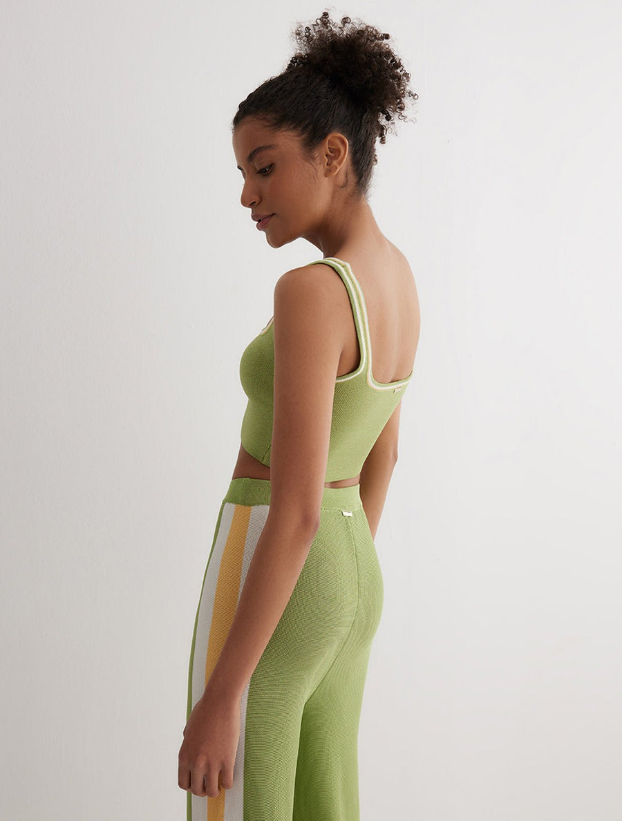 Back View: Model in Marea Mint Green/White/Yellow Top - MOEVA Luxury Swimwear, Ready to Wear Top, Unlined, Comfort, Knitted, Cropped Length, Elasticated Band, MOEVA Luxury Swimwear