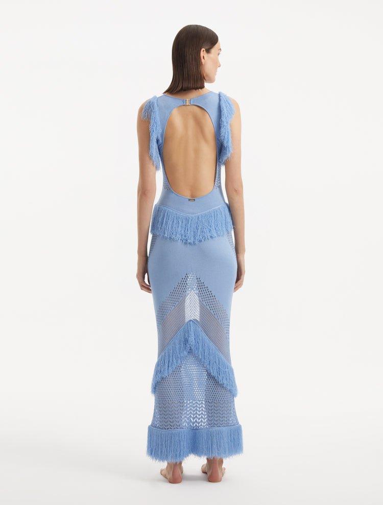 Olga Mikhaylova - Maris Baby Blue Knitted Maxi Dress with Fringe and Open Back | Moeva | Dress | Each week unveils new pieces—luxury swimwear, fluid resort silhouettes, and elevated summer-to-evening essentials designed to carry you from coastal escapes to city nights.