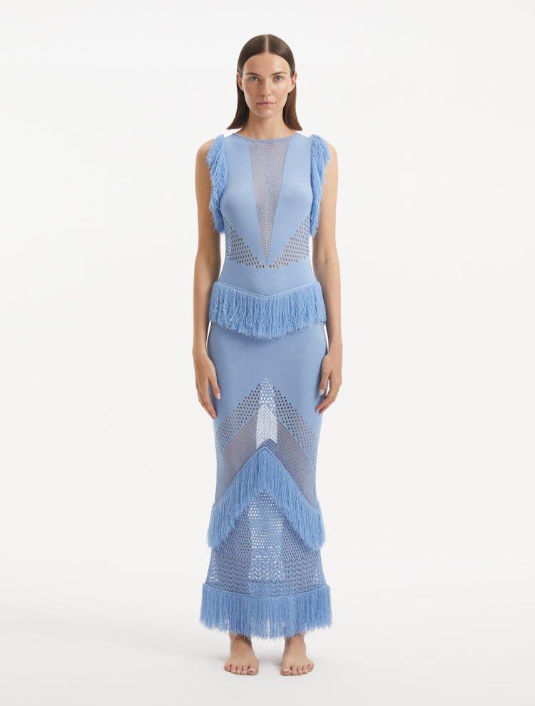 Olga Mikhaylova - Maris Baby Blue Knitted Maxi Dress with Fringe and Open Back | Moeva | Dress | Each week unveils new pieces—luxury swimwear, fluid resort silhouettes, and elevated summer-to-evening essentials designed to carry you from coastal escapes to city nights.