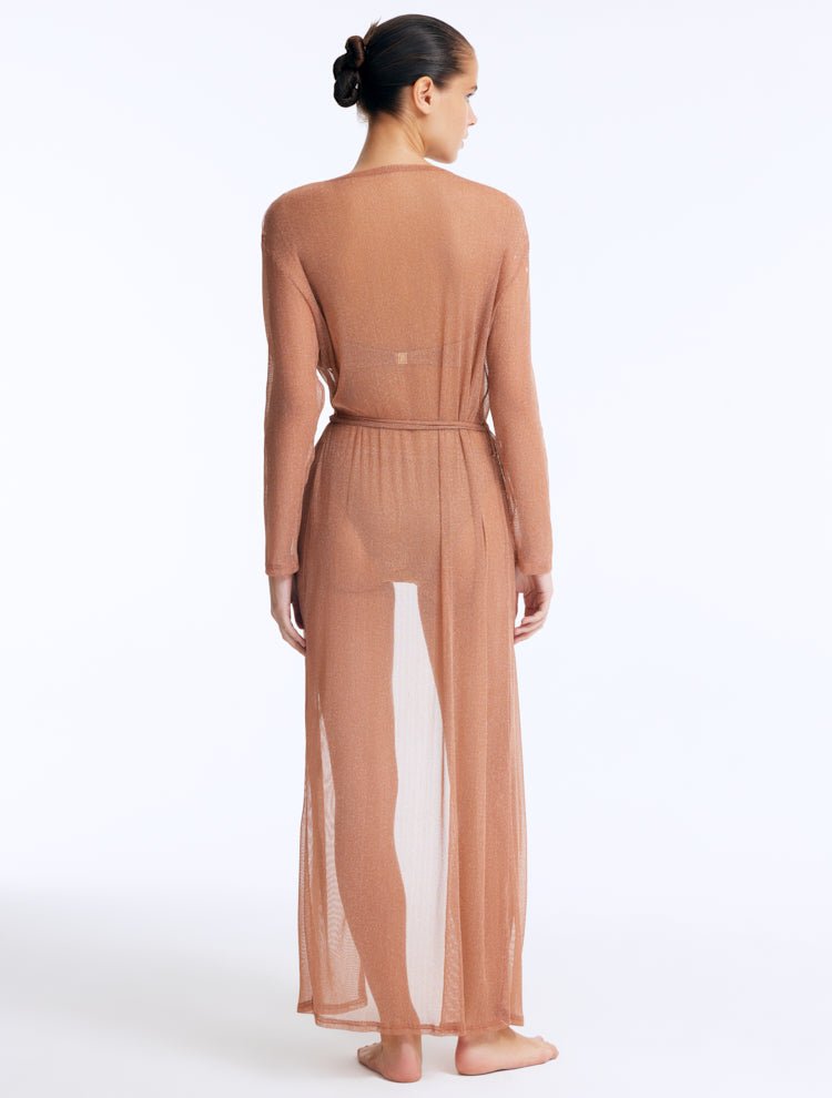 Back View: Marlowe Bronze Kaftan on Model - Ankle Length, Loose Fit, Self-Tie Belt, MOEVA Luxury Beachwear