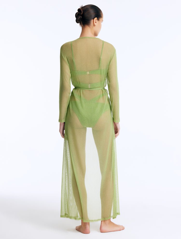 Back View: Marlowe Green Kaftan on Model - Ankle Length, Loose Fit, Self-Tie Belt, MOEVA Luxury Beachwear
