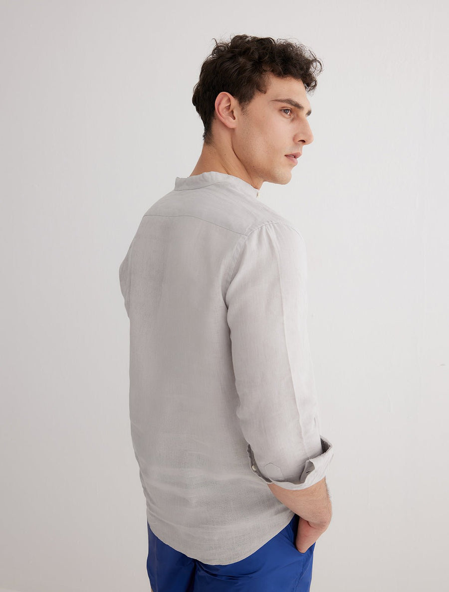 Back View: Model in Matteo Grey Shirt  - MOEVA Luxury Swimwear, Ready to Wear, Long Sleeved Shirts, Unlined, Linen, MOEVA Luxury Swimwear 