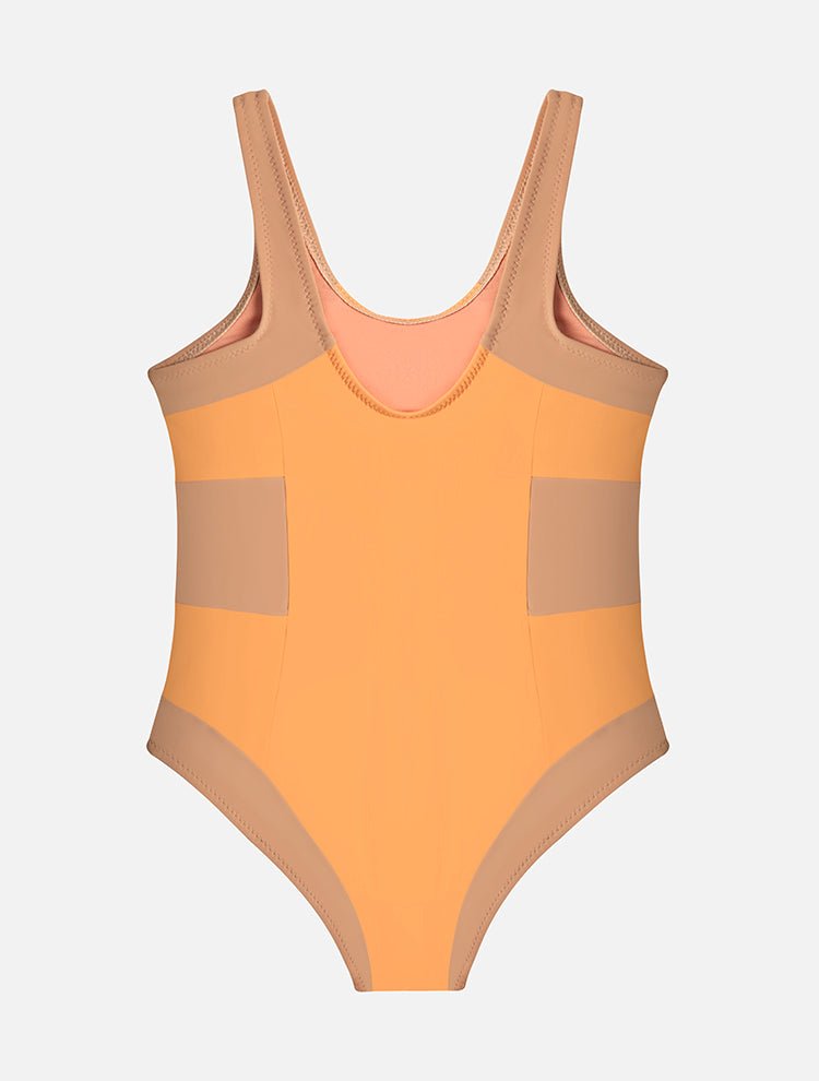 Back View: Meg Orange/Nude Kids Swimsuit - One Piece, Square Neck, Fully Lined, Mommy and Me, Soft Tocuh Fabric, MOEVA Luxury Swimwear