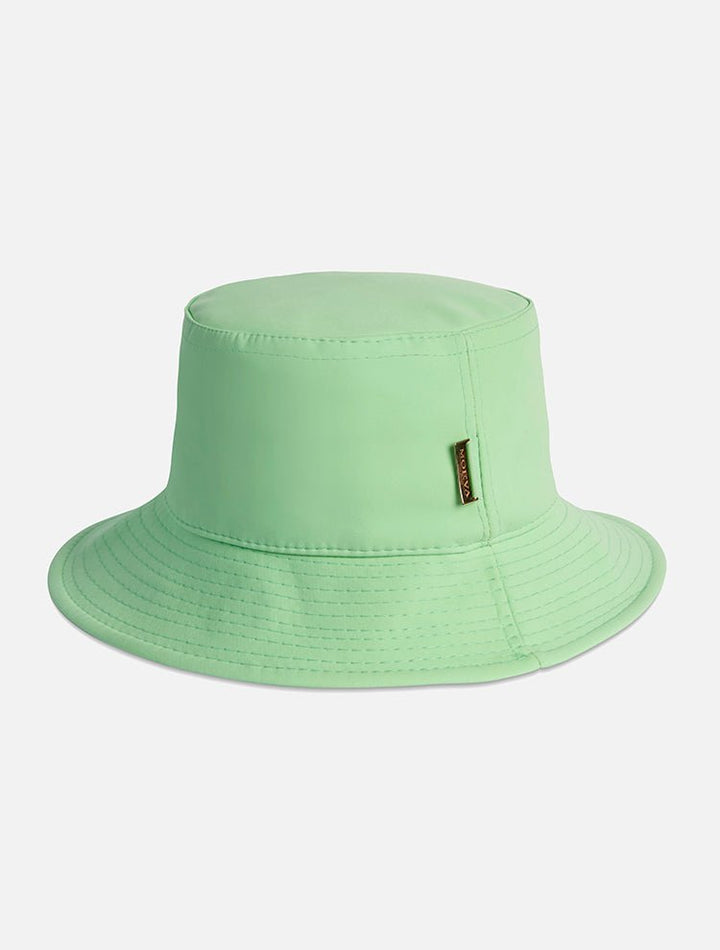 Front View: Miami Mint Green Bucket Hat - MOEVA Luxury Swimwear, Gold, Straw, Swimwear Fabric Bucket Hat, Signature Moeva Patch at Front, Classic Sillhouette, Quilted Brim, Quick Dry, Lined, 72% Polyamide 28% Elastane, MOEVA Luxury Swimwear 