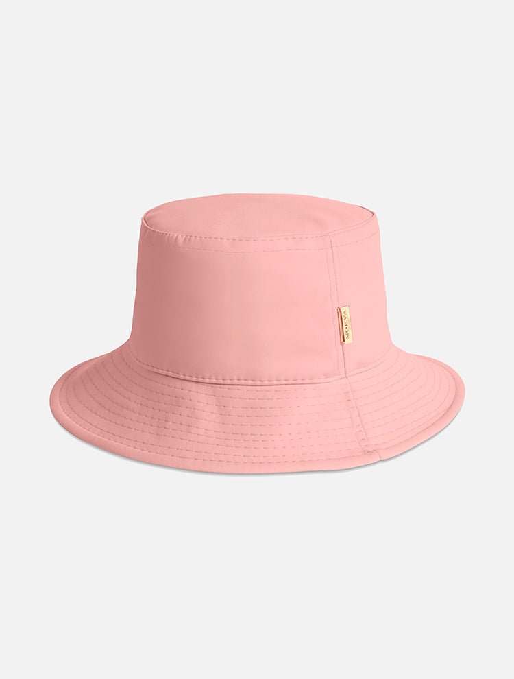 Front View: Miami Pink Bucket Hat - MOEVA Luxury Swimwear, Gold, Straw, Swimwear Fabric Bucket Hat, Signature Moeva Patch at Front, Classic Sillhouette, Quilted Brim, Quick Dry, Lined, 72% Polyamide 28% Elastane, MOEVA Luxury Swimwear 