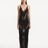 Front View: Model in Mimi Black Dress - MOEVA Luxury Swimwear, Mesh Knit, Scoop Neckline, Ankle Length, MOEVA Luxury Swimwear