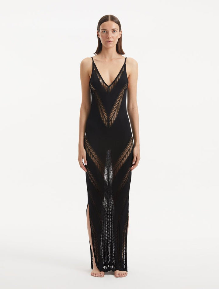 Front View: Model in Mimi Black Dress - MOEVA Luxury Swimwear, Mesh Knit, Scoop Neckline, Ankle Length, MOEVA Luxury Swimwear