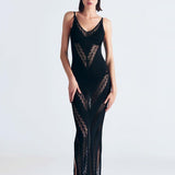 Front View: Model in Mimi Black Dress - MOEVA Luxury Swimwear, Mesh Knit, Scoop Neckline, Ankle Length, Mesh Knit Fabric, Contemporary Beachwear, MOEVA Luxury Swimwear