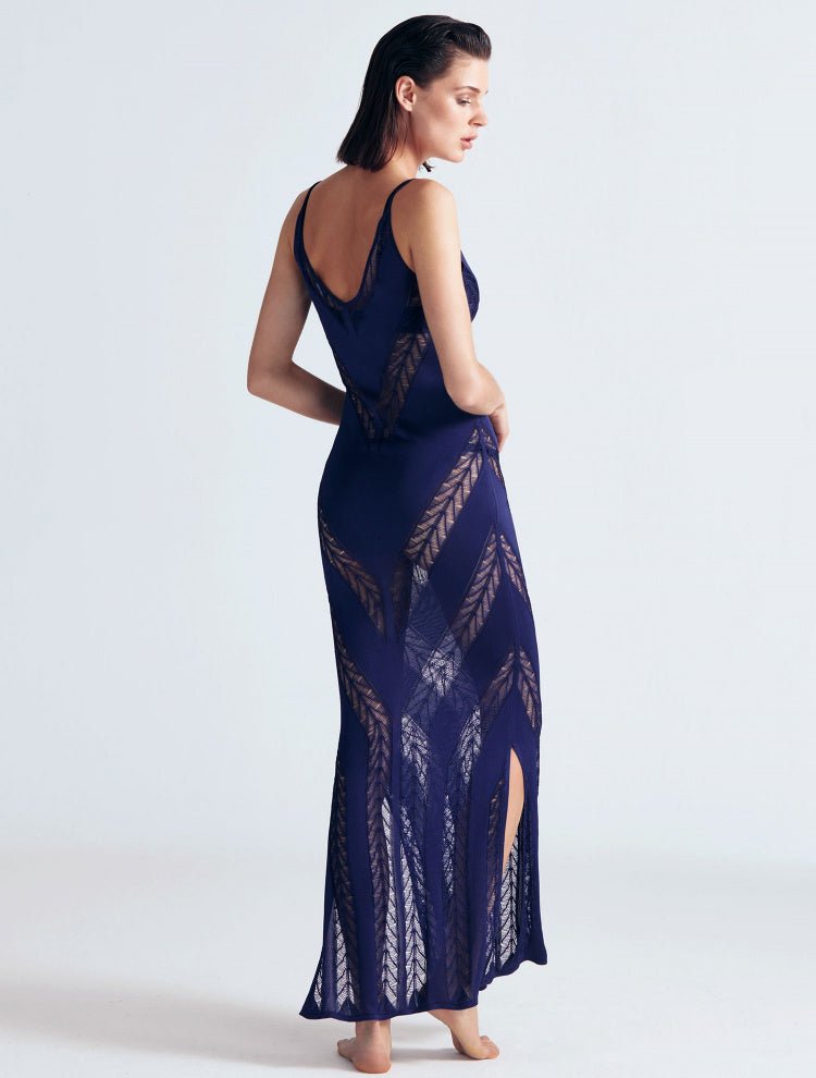 Back View: Model in Mimi Navy Blue Dress - MOEVA Luxury Swimwear, Knitted Maxi Dress, Comfortable Fit, Unlined, Day to Night and Signature, Slit Details, Close Fit, MOEVA Luxury Swimwear
