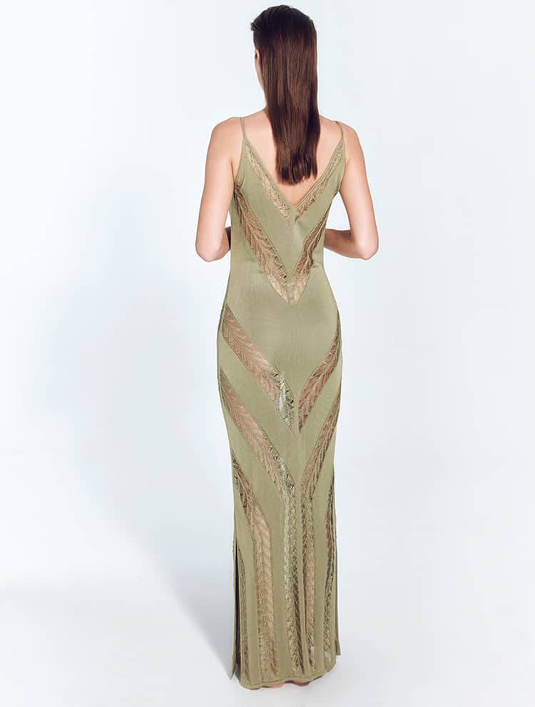 Back View: Model in Mimi Shiny Green Dress - MOEVA Luxury Swimwear, Knitted Maxi Dress, Comfortable Fit, Unlined, Day to Night and Signature, Slit Details, Close Fit, MOEVA Luxury Swimwear