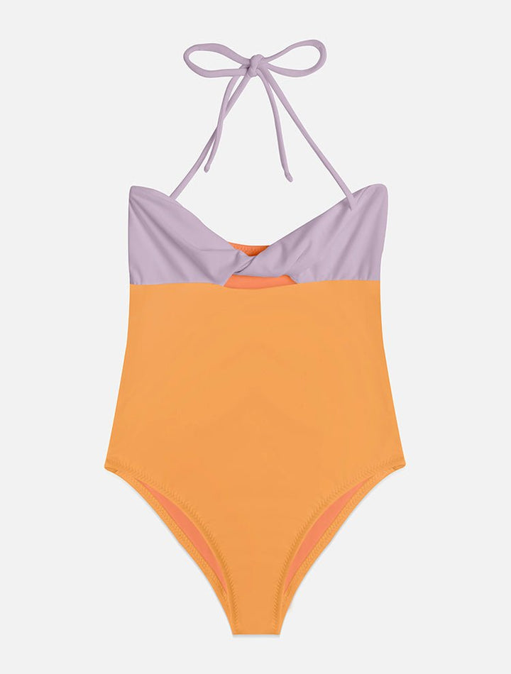 Front View: Moana Orange/Lilac Kids Swimsuit - Tie-Neck, Twist Front, Fully Lined, Full Bottom Coverage, Italian Fabric, Special Lycra Xtralife Certificate, MOEVA Luxury Swimwear 