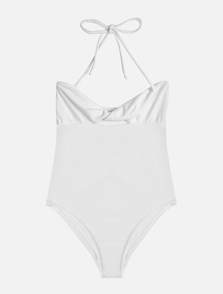 Front View: Moana White Kids Swimsuit - Tie-Neck, Twist Front, Fully Lined, Full Bottom Coverage, Italian Fabric, Special Lycra Xtralife Certificate, MOEVA Luxury Swimwear 