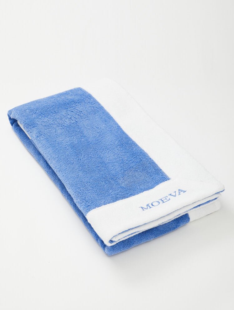 Close Up View of Monaco Blue/White Towel -  Super Absorbent, Quick Drying, Cotton Beach Towel, MOEVA Luxury Swimwear   