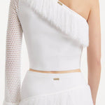 Monroe White One-Shoulder Knit Top with Fringe & Mesh Sleeve | Moeva | Crop Top | Each week unveils new pieces—luxury swimwear, fluid resort silhouettes, and elevated summer-to-evening essentials designed to carry you from coastal escapes to city nights.