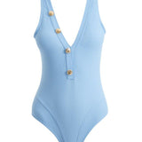 Naida Baby Blue V Neck Textured Swimsuit | Moeva | Swimsuit | Each week unveils new pieces—luxury swimwear, fluid resort silhouettes, and elevated summer-to-evening essentials designed to carry you from coastal escapes to city nights.