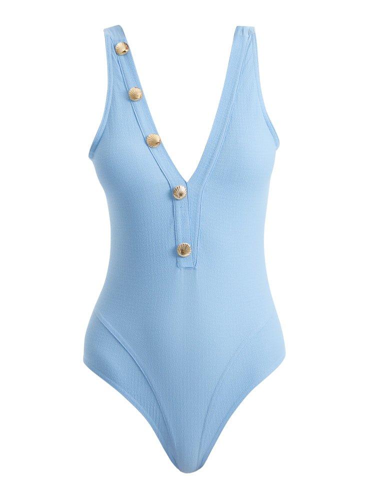 Naida Baby Blue V Neck Textured Swimsuit | Moeva | Swimsuit | Each week unveils new pieces—luxury swimwear, fluid resort silhouettes, and elevated summer-to-evening essentials designed to carry you from coastal escapes to city nights.