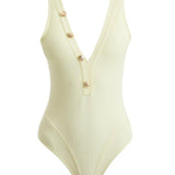 Carina Zavline - Naida Yellow V Neck Textured Swimsuit | Moeva | Swimsuit | Each week unveils new pieces—luxury swimwear, fluid resort silhouettes, and elevated summer-to-evening essentials designed to carry you from coastal escapes to city nights.
