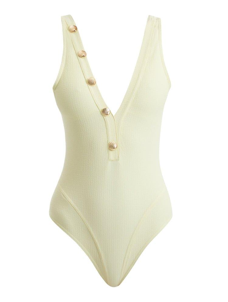 Carina Zavline - Naida Yellow V Neck Textured Swimsuit | Moeva | Swimsuit | Each week unveils new pieces—luxury swimwear, fluid resort silhouettes, and elevated summer-to-evening essentials designed to carry you from coastal escapes to city nights.