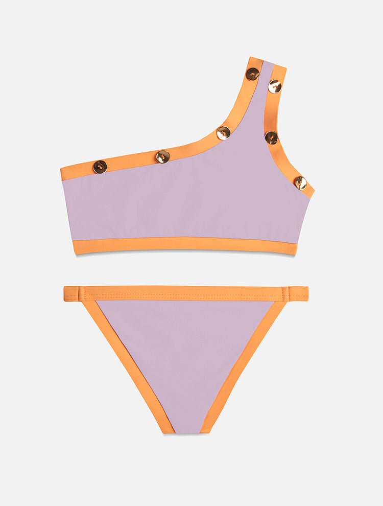 Back View: Nani Lilac/Orange Kids Bikini - One Shoulder, Fully Lined, Mommy and Me, Soft Touch Fabric, MOEVA Luxury Swimwear