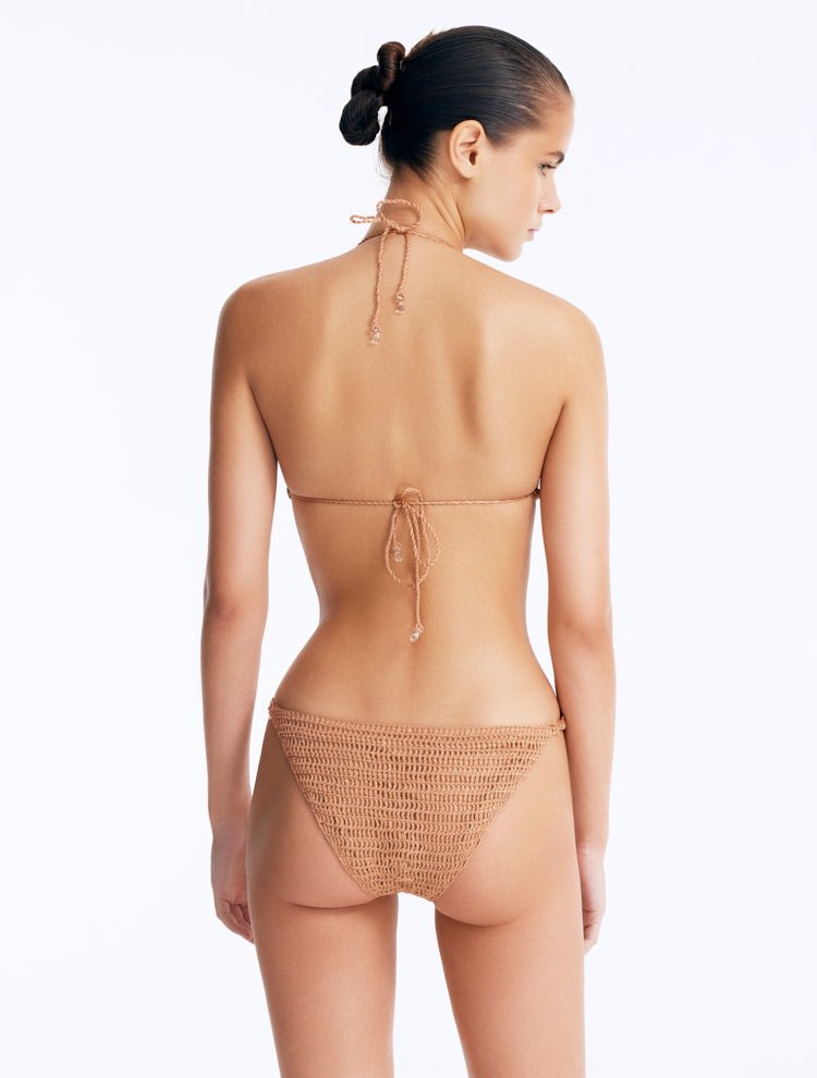 Back View: Nash Bronze Bikini Top on Model - Stylish Two-Piece Swimsuit Top, Ties at the Back, Fully Lined, MOEVA Luxury Swimwear