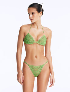 Front View: Model Wearing Nash Green Bikini Bottom - Low Waist Briefs, Chic Style, %100 Handmade Macrame, Adjustable Straps, MOEVA Luxury Swimwear