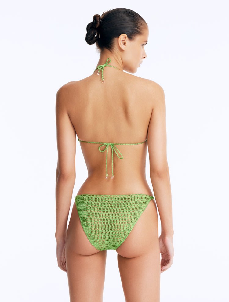 Back View: Nash Green Bikini Top on Model - Stylish Two-Piece Swimsuit Top, Ties at the Back, Fully Lined, MOEVA Luxury Swimwear