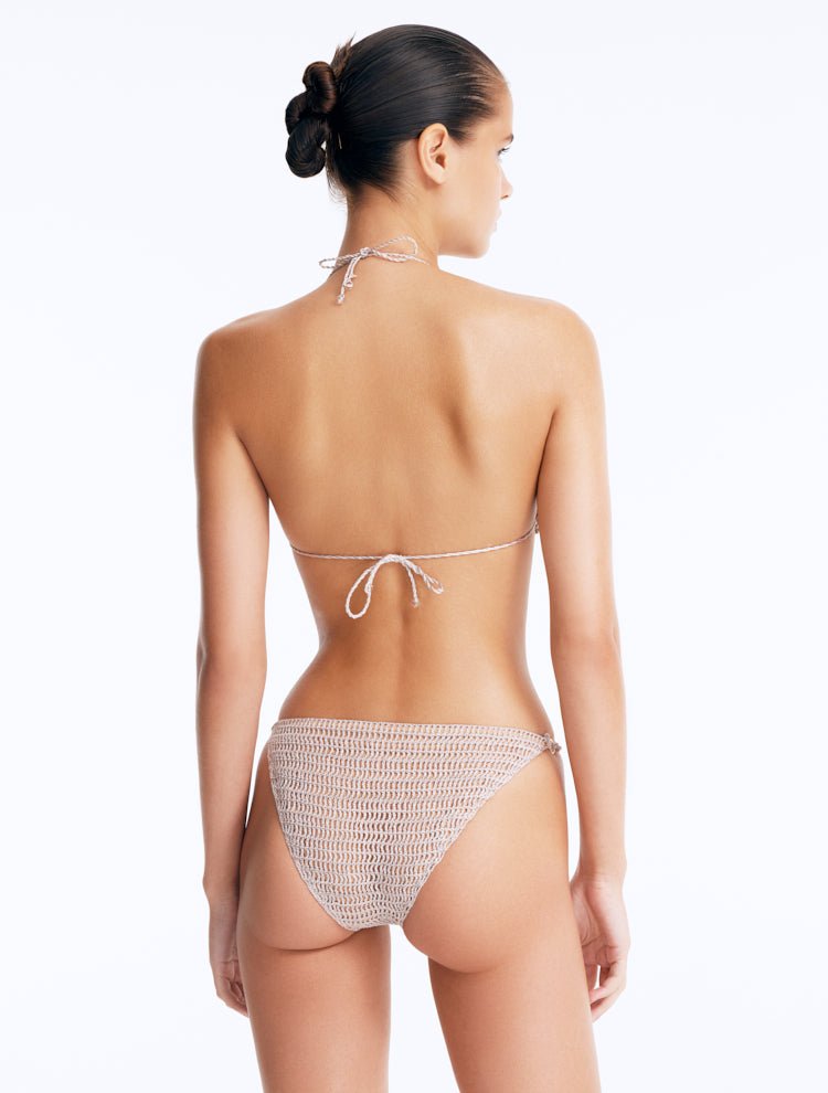 Back View: Nash Silver Bikini Bottom on Model - Stylish Two-Piece Swimsuit Bottom, Low Rise, Small/Minimum Bottom Coverage, Fully Lined, MOEVA Luxury Swimwear