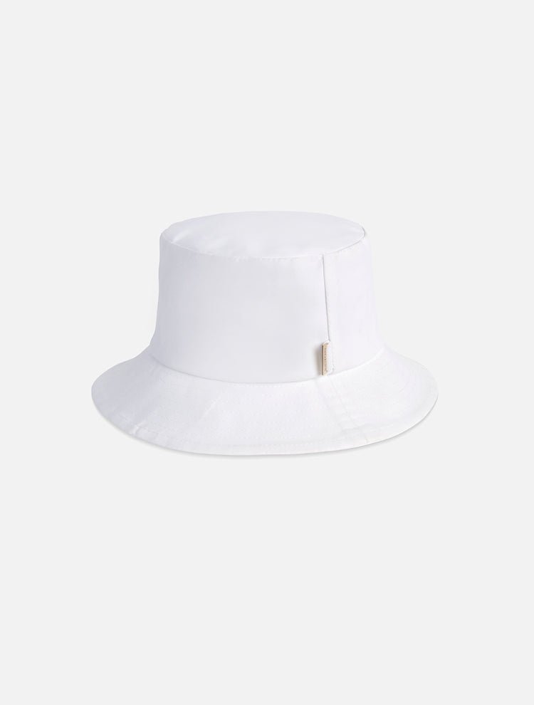 Front View: Orlando White Kids Bucket Hat - Swimwear Fabric Bucket Hat, Signature Moeva Patch at Front, Classic Sillhouette, Quilted Brim, Quick Dry, Lined, MOEVA Luxury Swimwear 