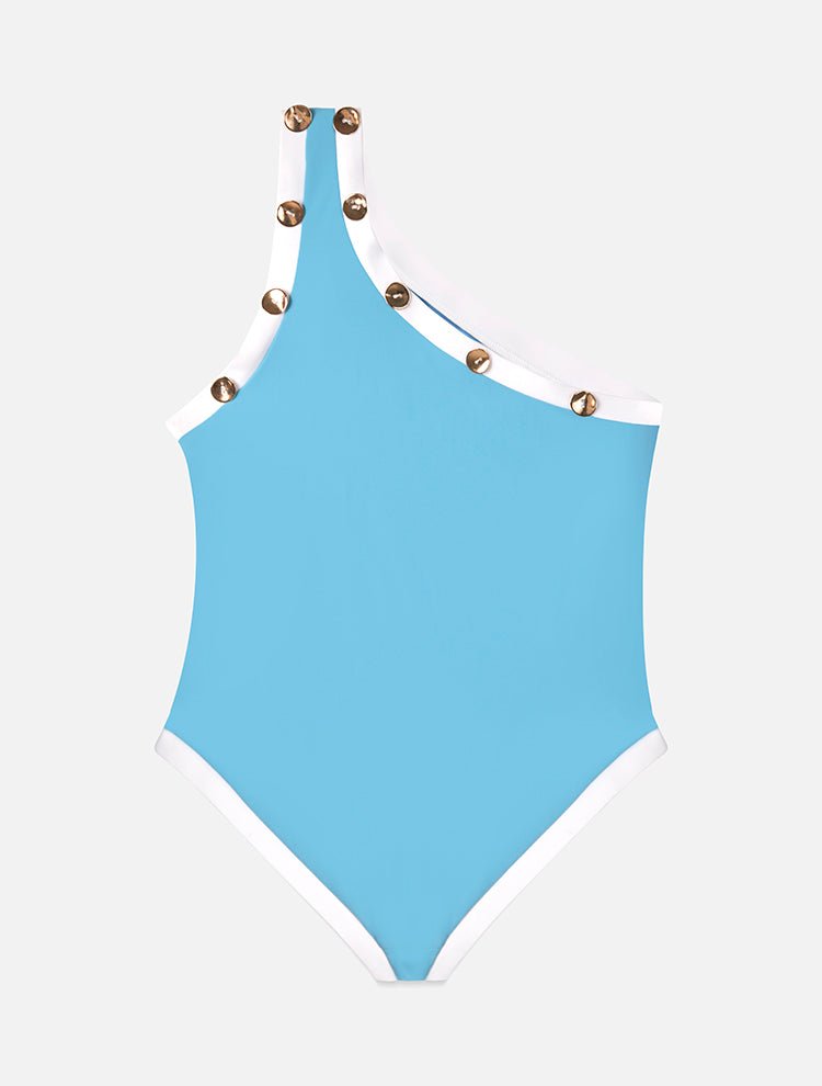Back View: Pea Blue/White Kids Swimsuit - One Piece, One Shoulder, Fully Lined, Mommy and Me, Soft Tocuh Fabric, MOEVA Luxury Swimwear