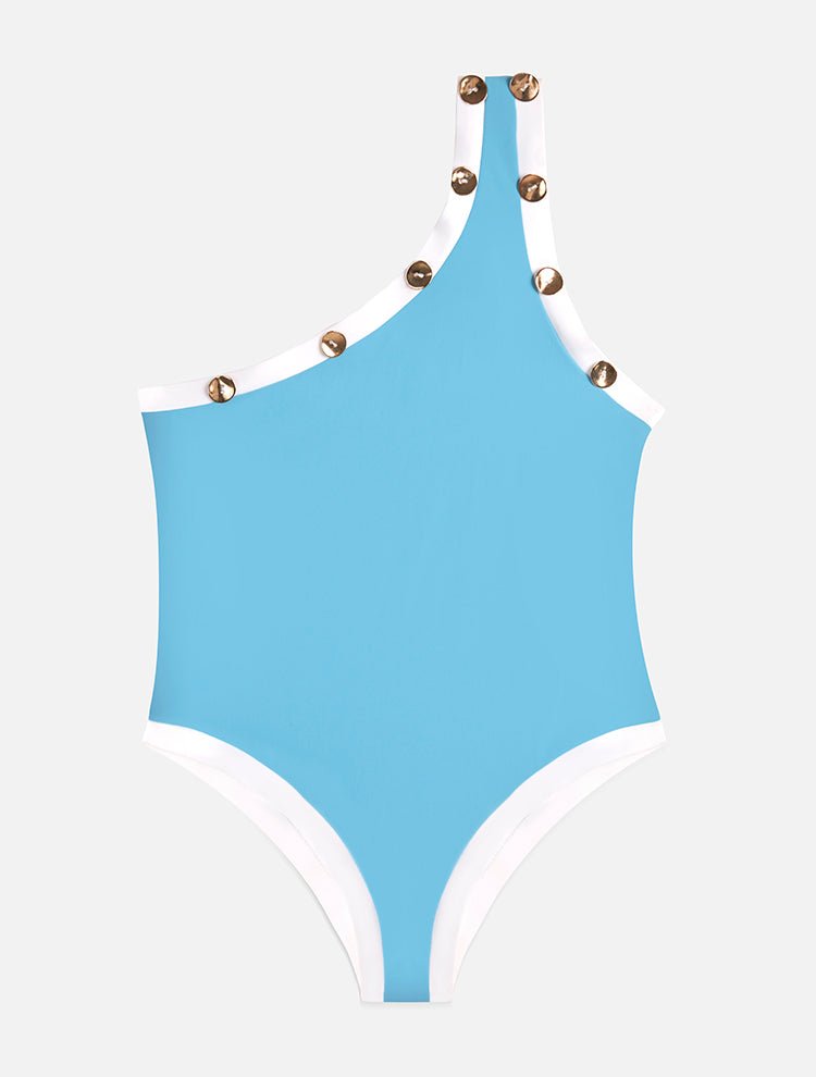 Front View: Pea Blue/White Kids Swimsuit - One Shoulder, Gold Button Details, Full Bottom Coverage, Fully lined, Special Lycra Xtralife Certificate, MOEVA Luxury Swimwear