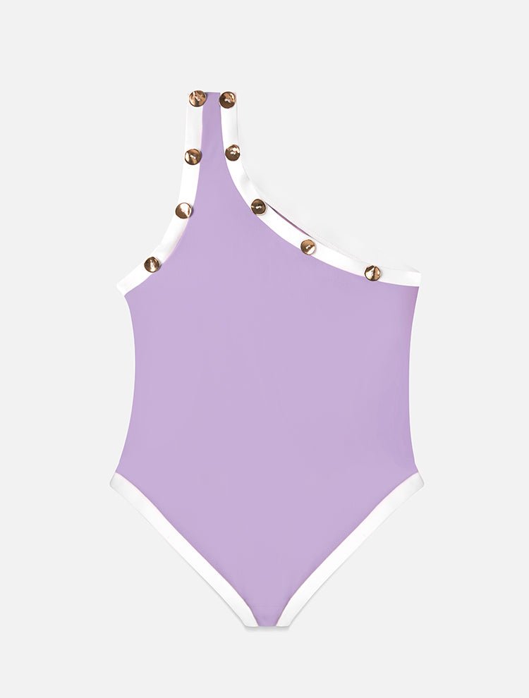 Back View: Pea Lilac/White Kids Swimsuit - One Piece, One Shoulder, Fully Lined, Mommy and Me, Soft Tocuh Fabric, MOEVA Luxury Swimwear