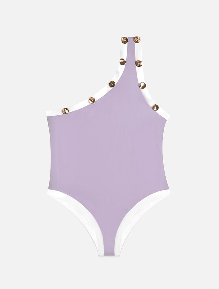 Front View: Pea Lilac/White Kids Swimsuit - One Shoulder, Gold Button Details, Full Bottom Coverage, Fully lined, Special Lycra Xtralife Certificate, MOEVA Luxury Swimwear