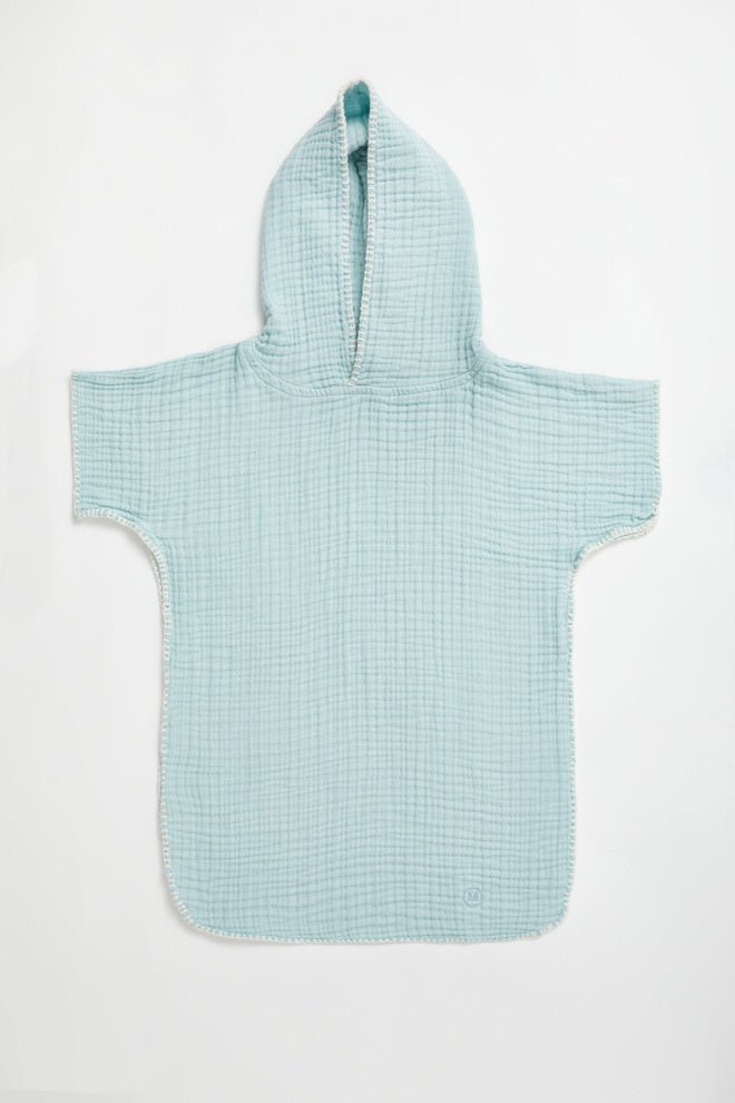 Front View: Piccolo Blue Kids Towel - Organic Turkish Cotton, Soft & Smooth, Poncho Design, Hooded Yop, Quick Drying, Super Absorvent, Embroidered Moeva logo, MOEVA Luxury Swimwear 