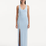 Raine Baby Blue Knit Maxi Dress with Side Slit & Button Detail | Moeva | RTW Dresses | Each week unveils new pieces—luxury swimwear, fluid resort silhouettes, and elevated summer-to-evening essentials designed to carry you from coastal escapes to city nights.