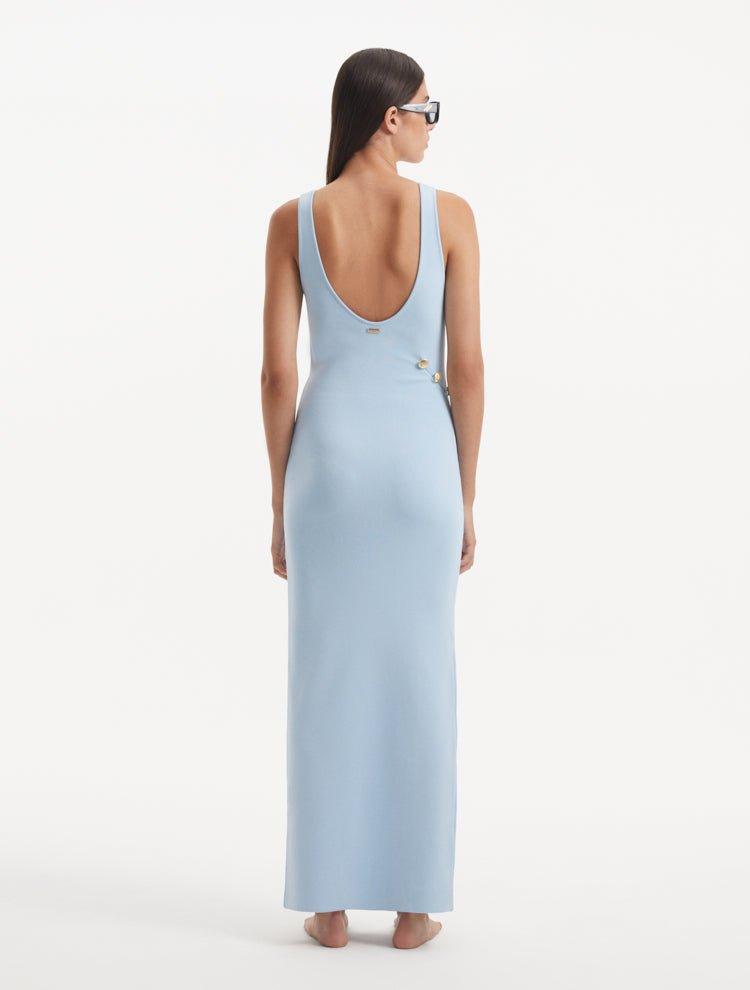 Raine Baby Blue Knit Maxi Dress with Side Slit & Button Detail | Moeva | RTW Dresses | Each week unveils new pieces—luxury swimwear, fluid resort silhouettes, and elevated summer-to-evening essentials designed to carry you from coastal escapes to city nights.