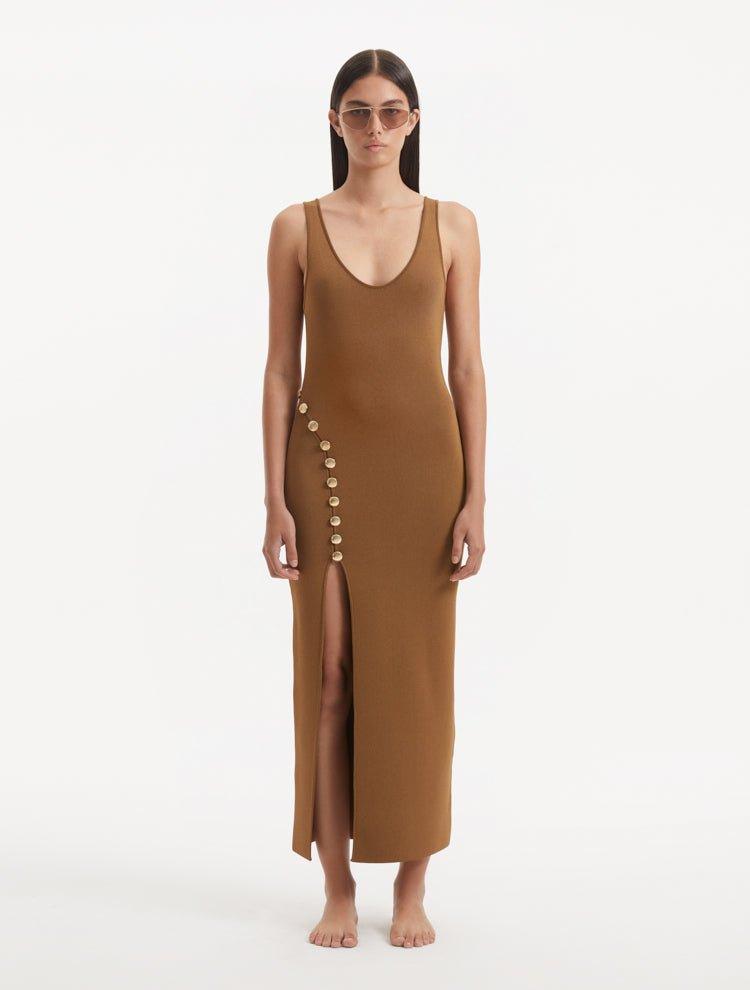 Aslışah Alkoçlar - Raine Brown Knit Maxi Dress with Side Slit & Button Detail | Moeva | Dress | Each week unveils new pieces—luxury swimwear, fluid resort silhouettes, and elevated summer-to-evening essentials designed to carry you from coastal escapes to city nights.