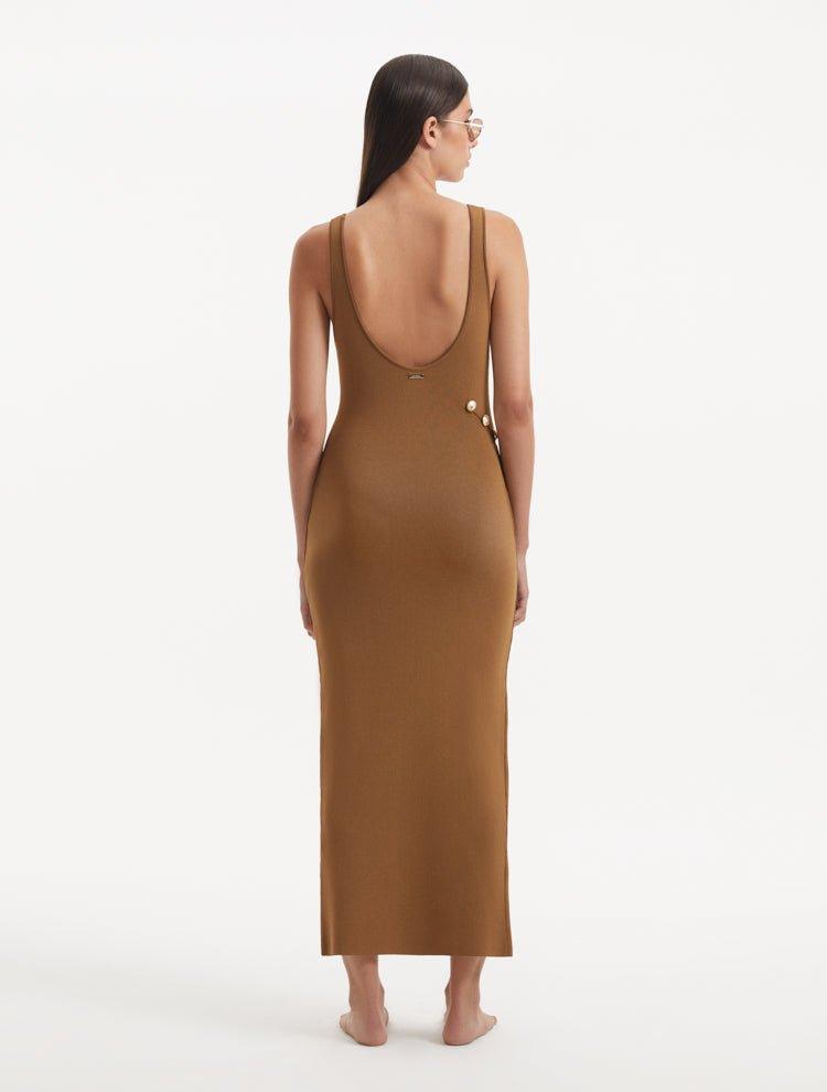 Aslışah Alkoçlar - Raine Brown Knit Maxi Dress with Side Slit & Button Detail | Moeva | Dress | Each week unveils new pieces—luxury swimwear, fluid resort silhouettes, and elevated summer-to-evening essentials designed to carry you from coastal escapes to city nights.