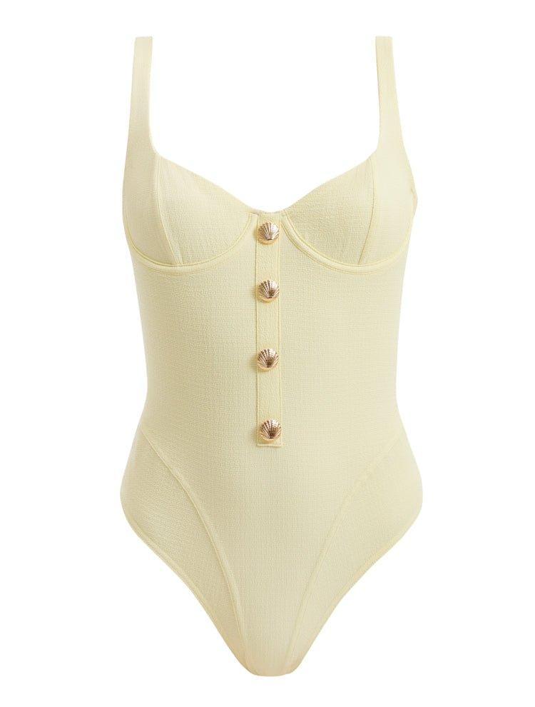 Reva Yellow Scoop Neck Textured Swimsuit | Moeva | Swimsuit | Each week unveils new pieces—luxury swimwear, fluid resort silhouettes, and elevated summer-to-evening essentials designed to carry you from coastal escapes to city nights.