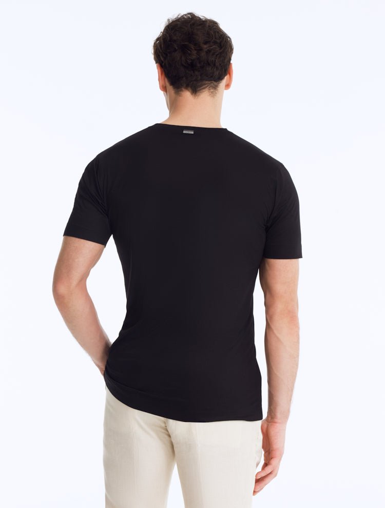 Back View: Rex Black T-Shirt on Model - Short-Sleeved, Slim Fit, Embroidered Moeva Amblem, MOEVA Luxury Swimwear  