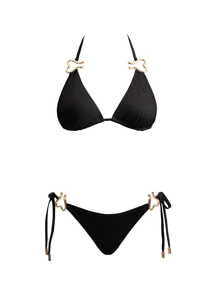 Rhea Black Triangle Side Tie Satin Bikini Set | Moeva | Bikini Set | Each week unveils new pieces—luxury swimwear, fluid resort silhouettes, and elevated summer-to-evening essentials designed to carry you from coastal escapes to city nights.