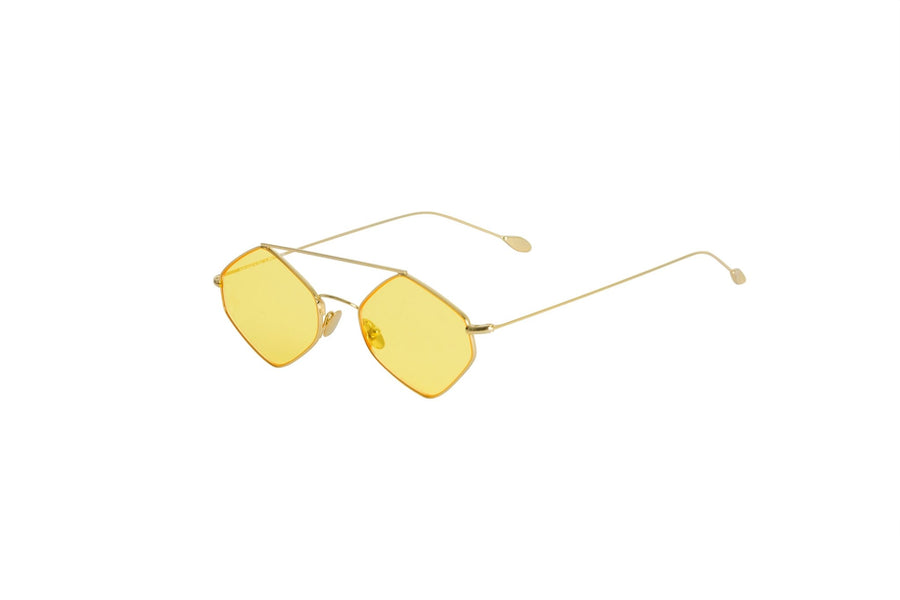 Front View of Rigaut Yellow Sunglasses - MOEVA Luxury  Swimwear, Diagonal Frame, Double Bridge, 100% UV protection, Made in Italy, Stainless Steel, Hexagonal Shaped Sunglasses, Adjustable Nose Pads, Tinted Lenses, MOEVA Luxury  Swimwear     