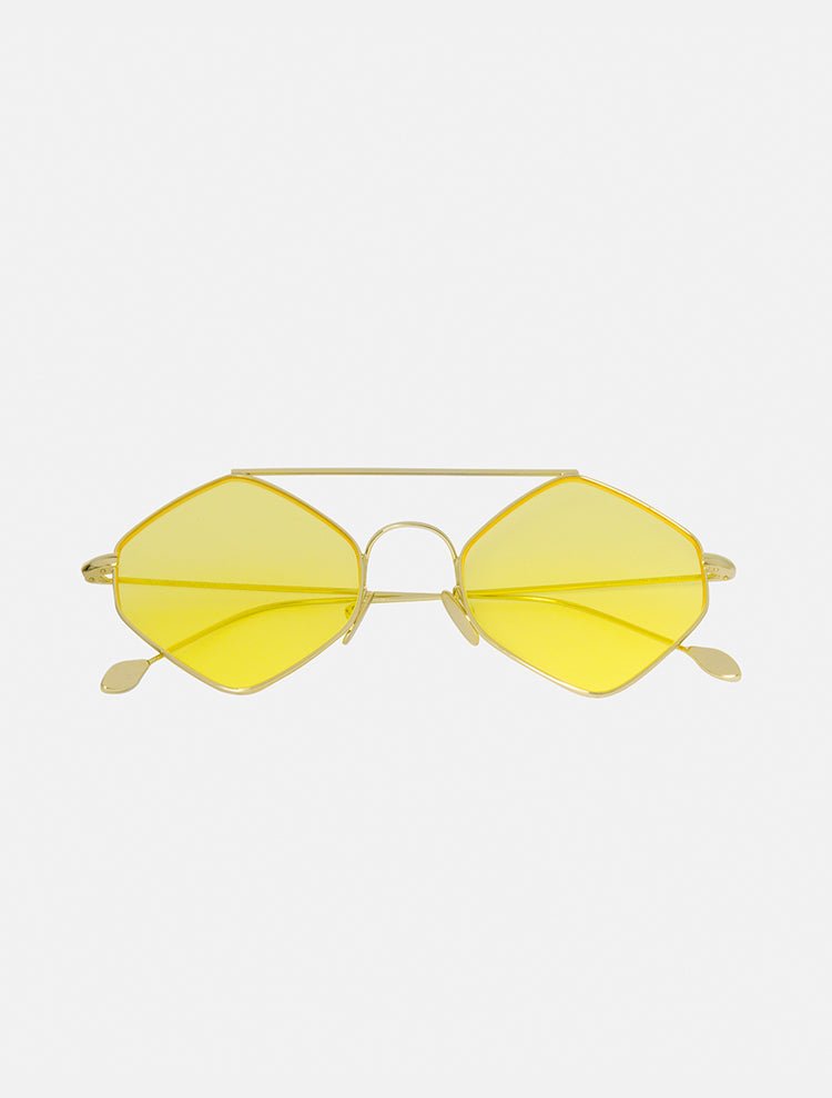 Front View of Rigaut Yellow Sunglasses - 100% UV protection, Made in Italy, Stainless Steel, Hexagonal Shaped Sunglasses, MOEVA Luxury Swimwear   
