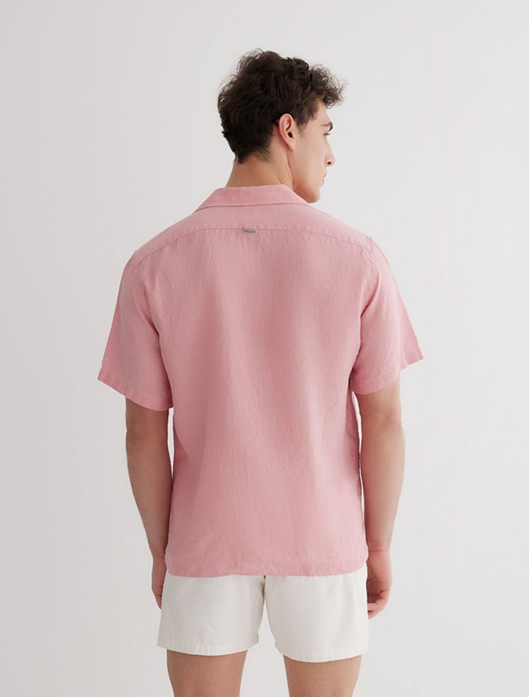 Back View: Model in Romeo Pink Shirt - MOEVA Luxury Swimwear, Ready to Wear, Short Sleeved Shirts, Unlined, Regular Fit, Linen, MOEVA Luxury Swimwear 
