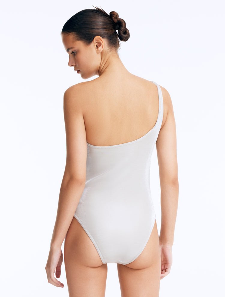 Back View: Rowan Silver Swimsuit on Model - Fully Lined, Accessorized, Italian Fabric, MOEVA Luxury Swimwear