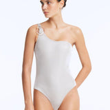 Rowan Silver One-Shoulder Swimsuit with Hoop Detail | Moeva | Swimsuit | Each week unveils new pieces—luxury swimwear, fluid resort silhouettes, and elevated summer-to-evening essentials designed to carry you from coastal escapes to city nights.