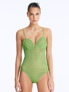 Front View: Model Wearing Rue Green Swimsuit - Removable Paddings, Underwire, Lightly Lined, Comfortable, %100 Handmade Macrame, MOEVA Luxury Swimwear